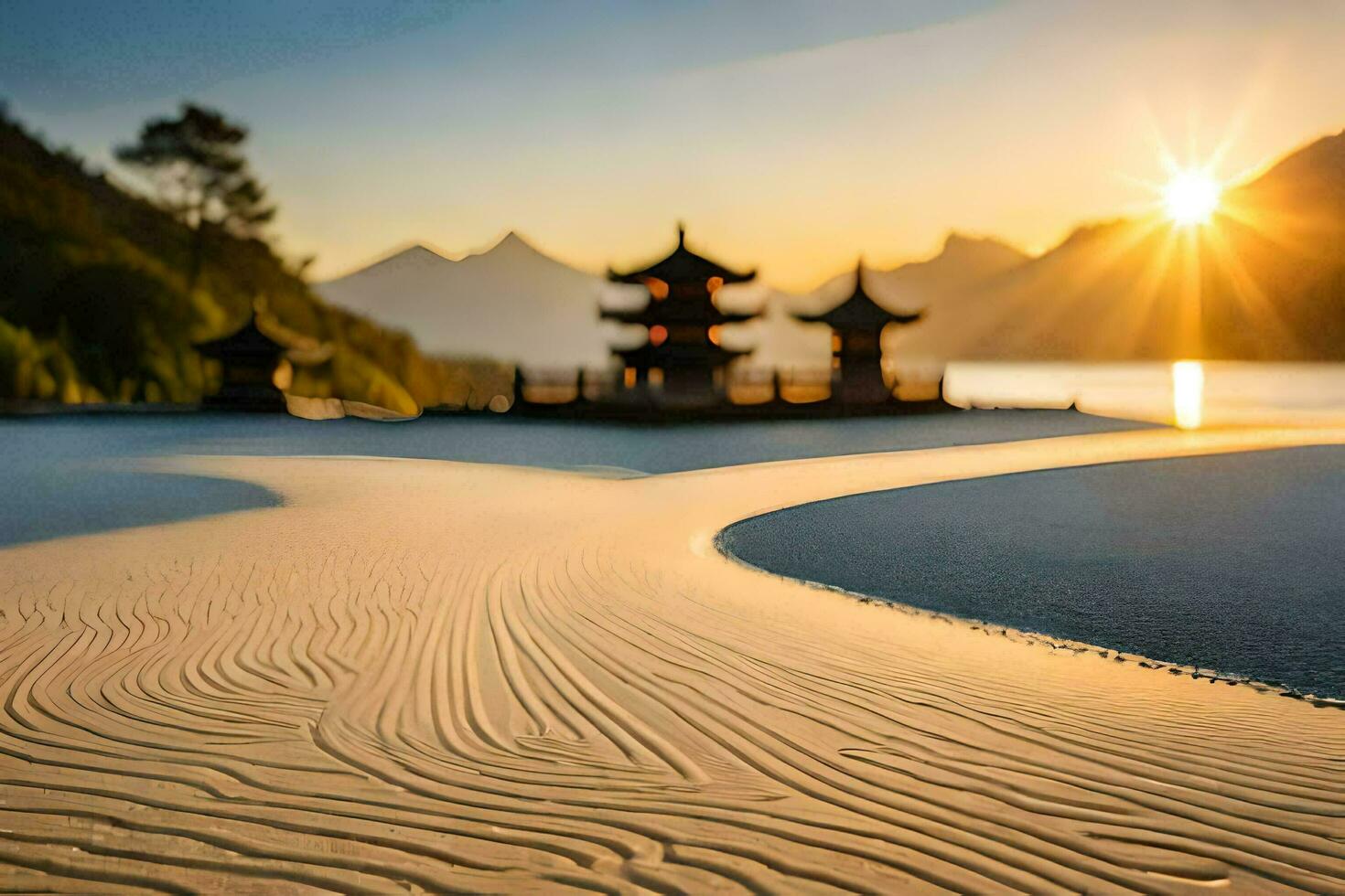 the sun sets over a sand dune in the middle of a lake. AI-Generated photo