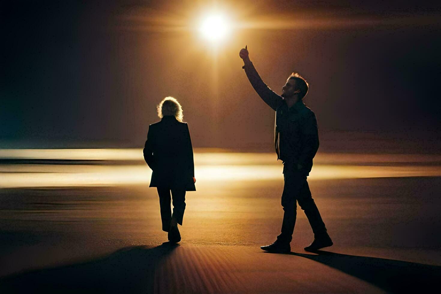 a man and woman walking on a beach at night. AI-Generated photo