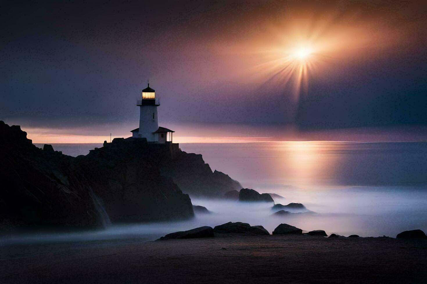 photo wallpaper the sky, the sun, the sea, the lighthouse, the moon, the lighthouse. AI-Generated