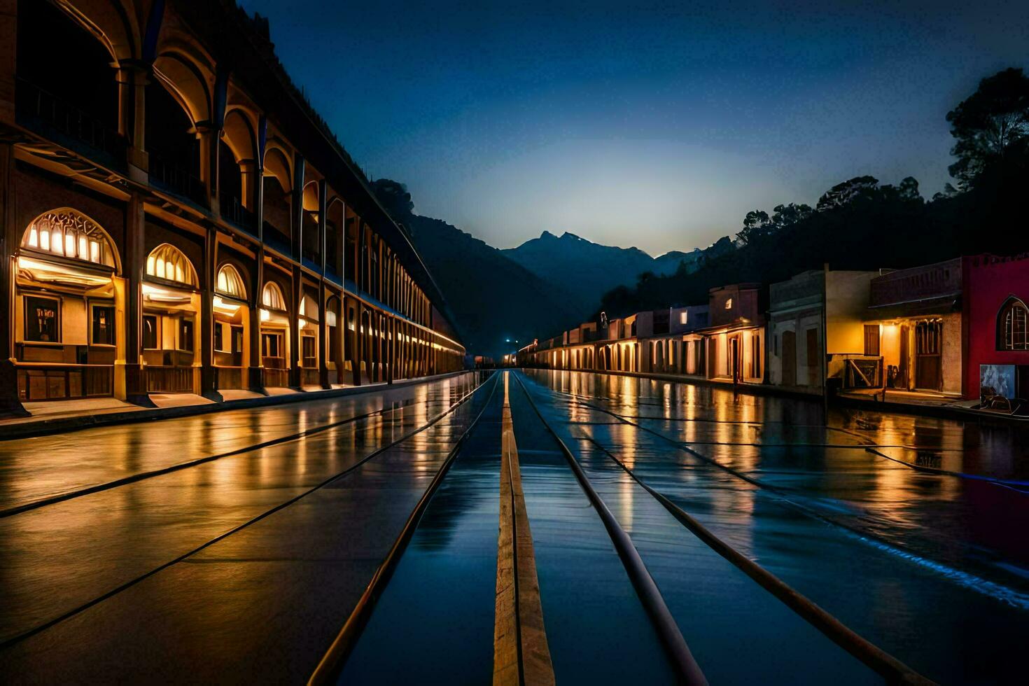 a long empty street at night with a mountain in the background. AI-Generated photo