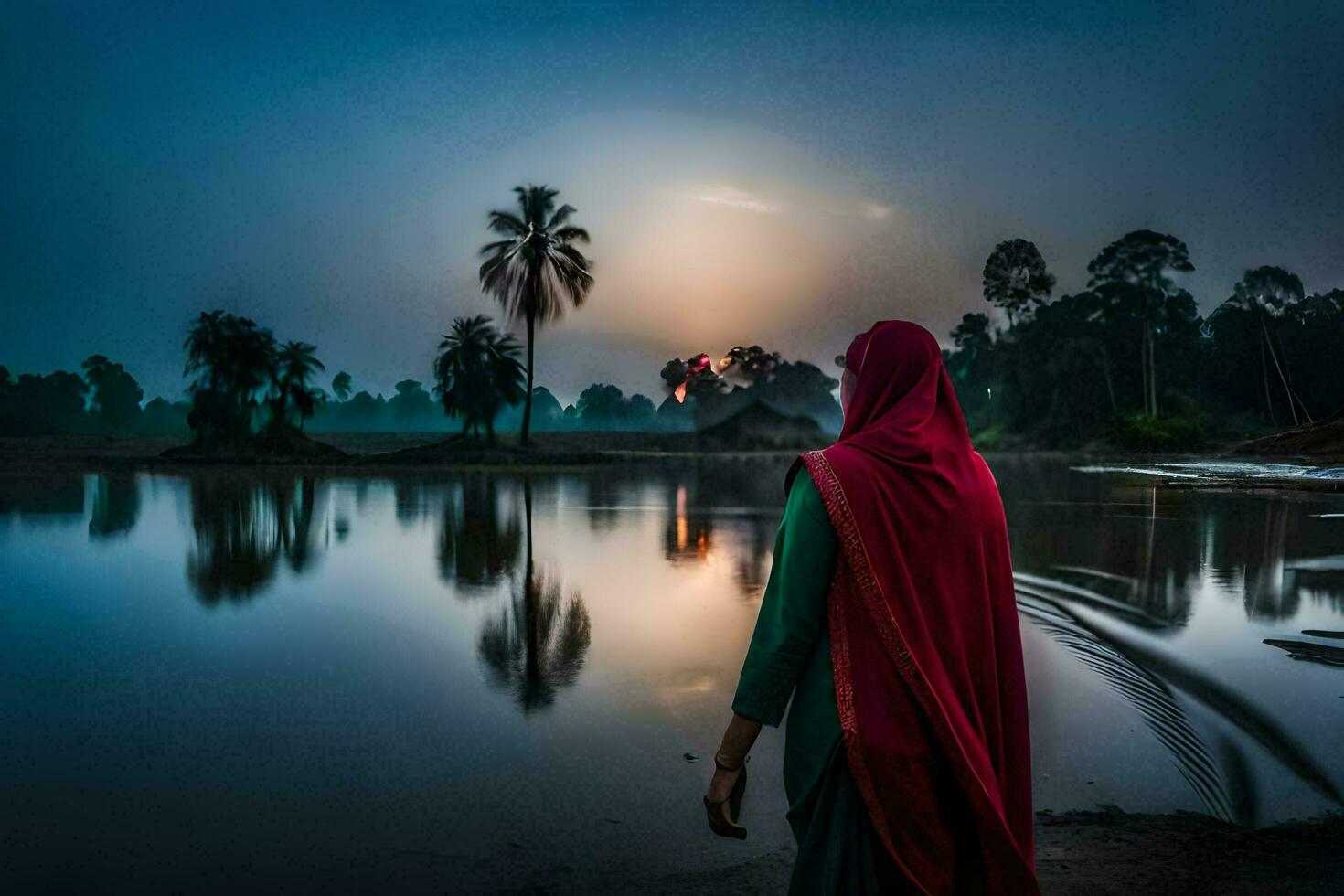 a woman in a red robe standing by the water at sunset. AI-Generated photo