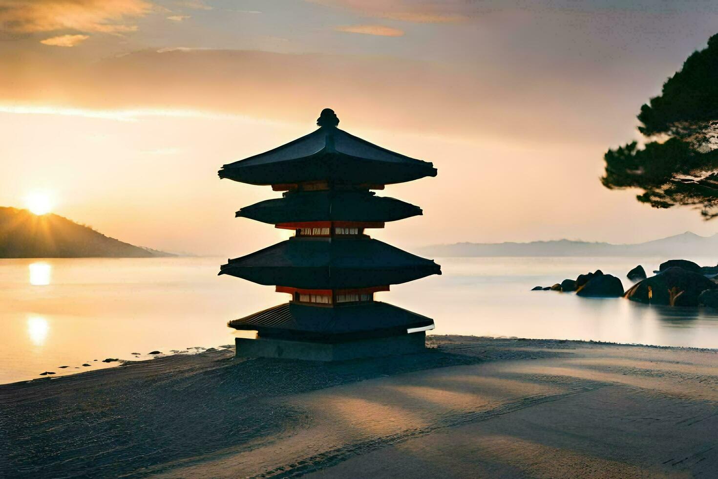 a pagoda stands on the shore of a lake at sunset. AI-Generated photo