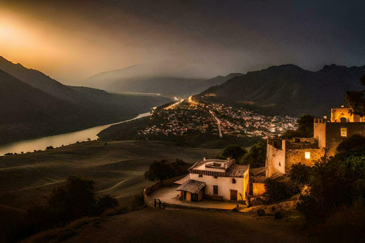 foto fondo de pantalla el cielo, montañas, atardecer, el aldea, el río, el atardecer, el. generado por ai