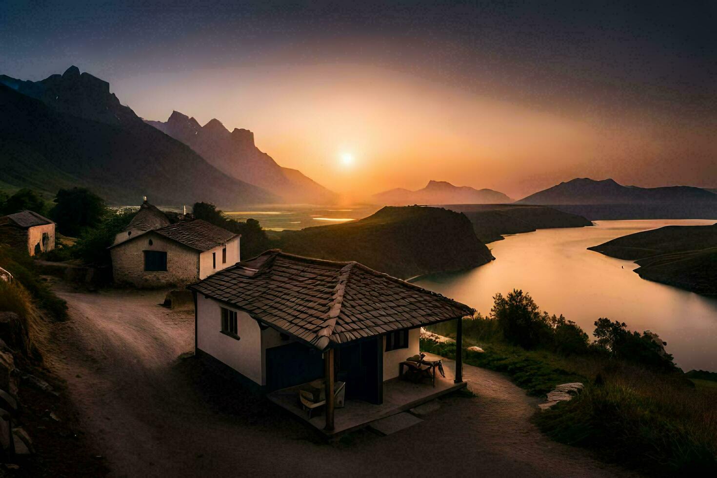 the sun rises over the mountains and lake. AI-Generated photo