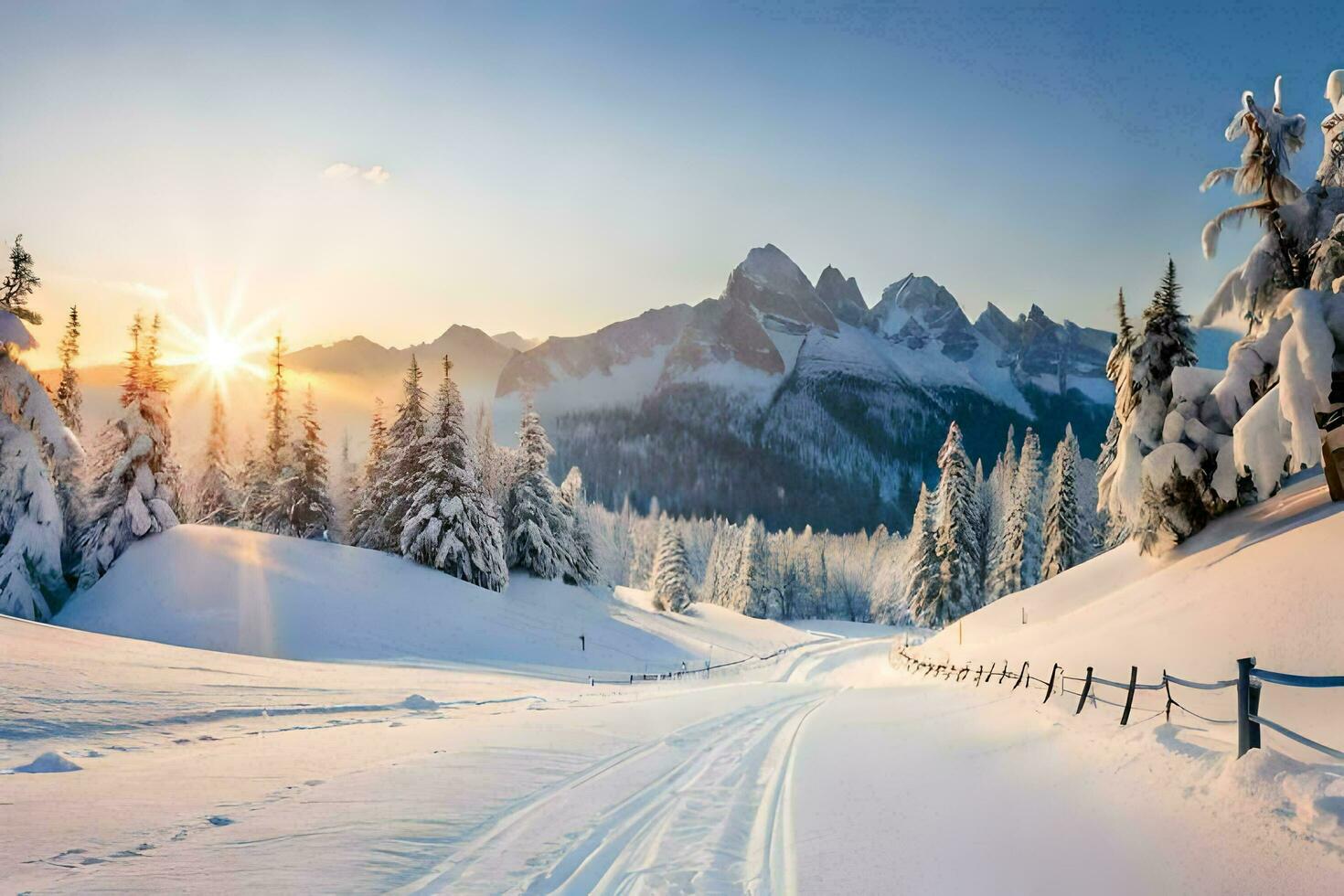 photo wallpaper the sky, snow, trees, mountains, sun, road, track, winter,. AI-Generated