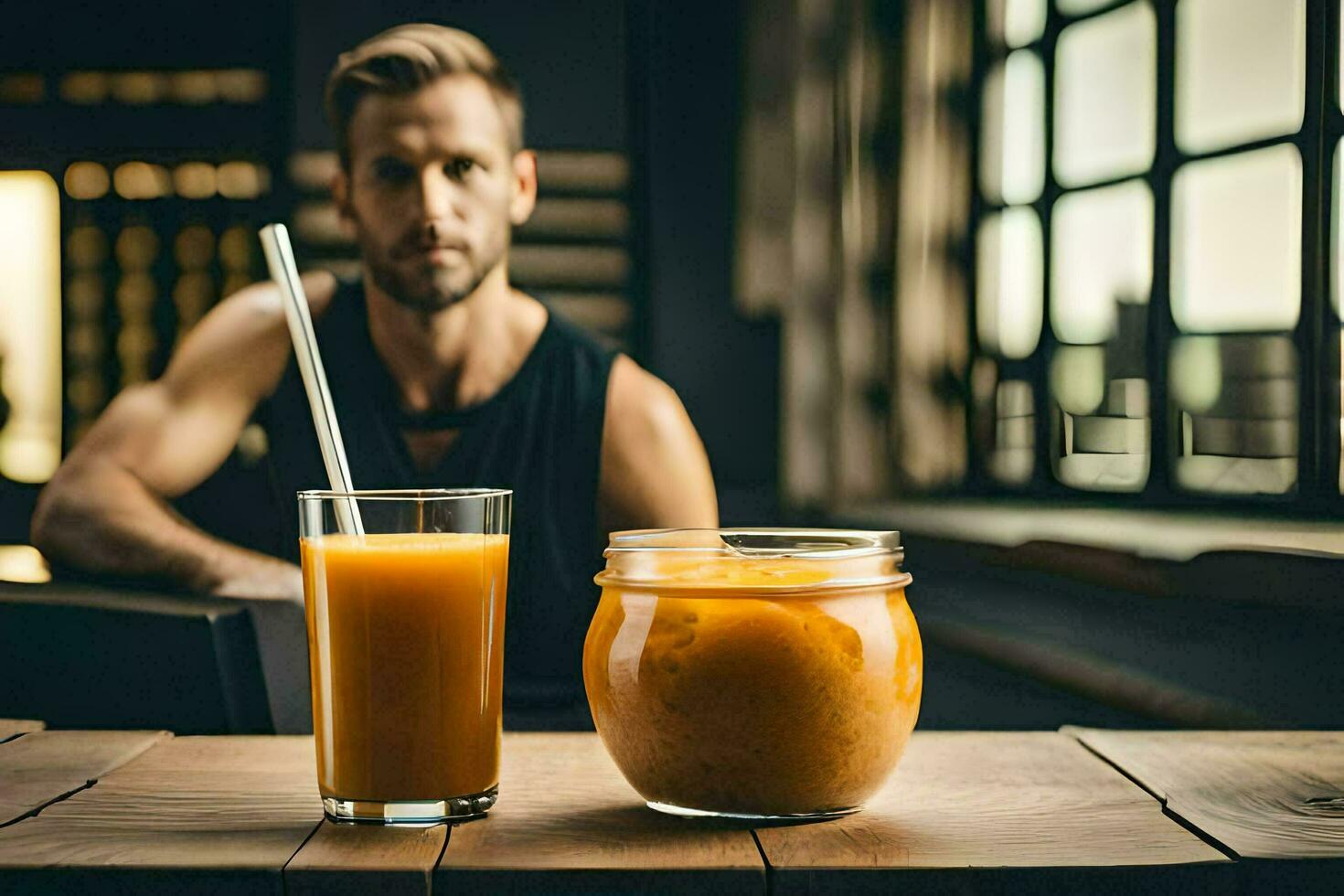 a man sitting at a table with a glass of orange juice. AI-Generated photo