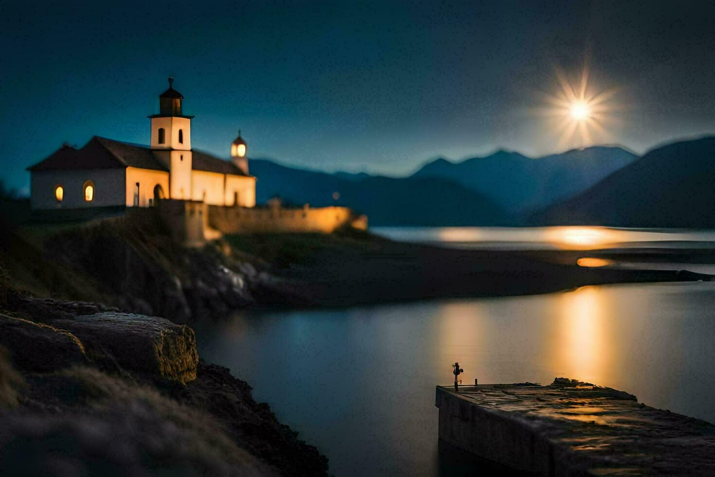 un pequeño Iglesia se sienta en el apuntalar de un lago a noche. generado por ai foto