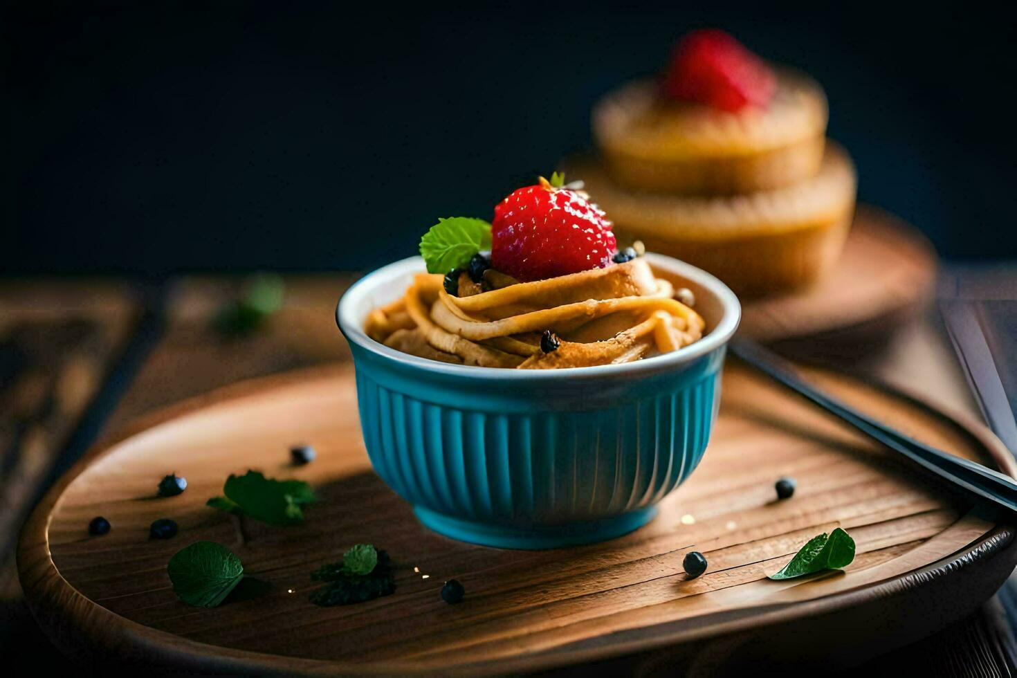 a bowl of peanut butter and strawberries on a wooden table. AI-Generated photo