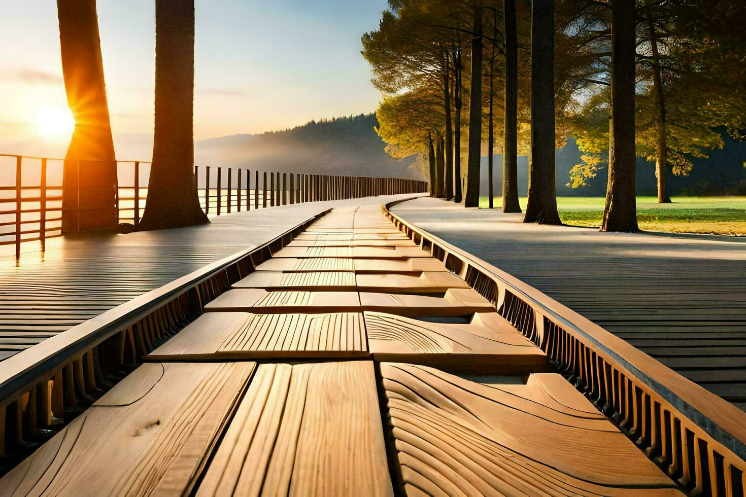 a wooden walkway leads to the water at sunset. AI-Generated photo