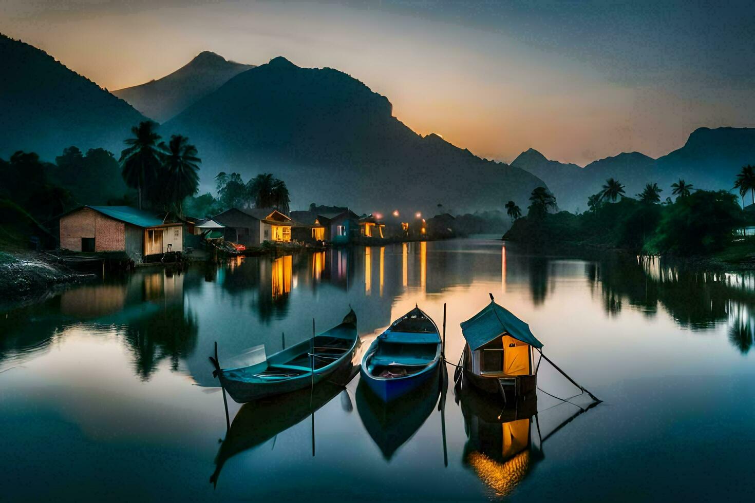 boats in the river at sunset with mountains in the background. AI-Generated photo