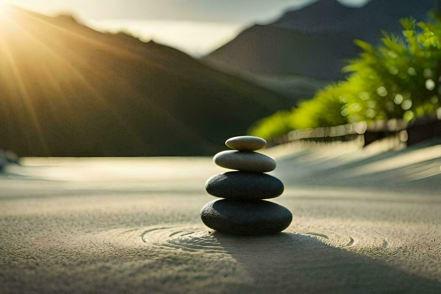 a stack of stones in the sand with the sun shining. AI-Generated photo