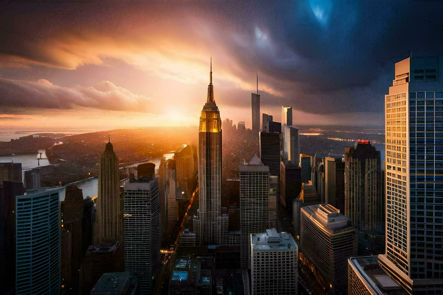 the sun sets over the city skyline in new york. AI-Generated photo