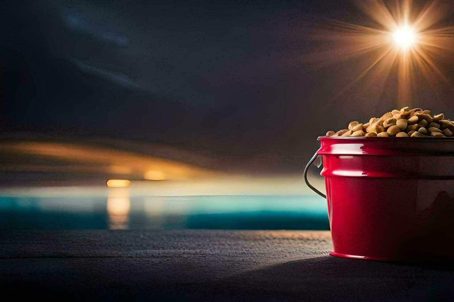 a bucket of peanuts on a table with a light shining in the background. AI-Generated photo