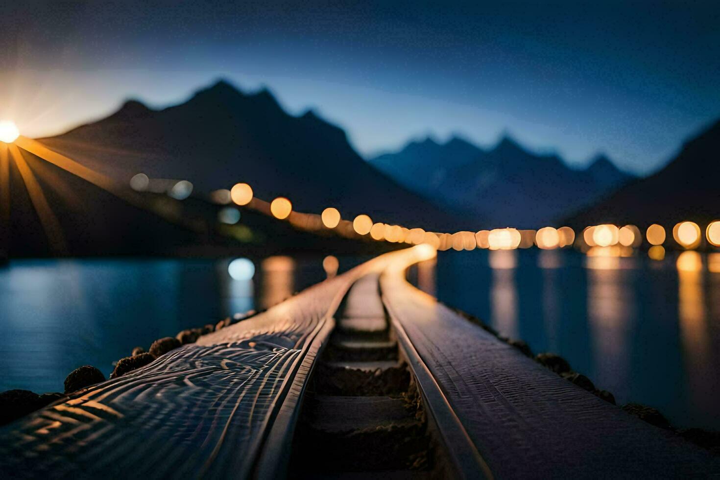 a long bridge over water with lights shining on it. AI-Generated photo