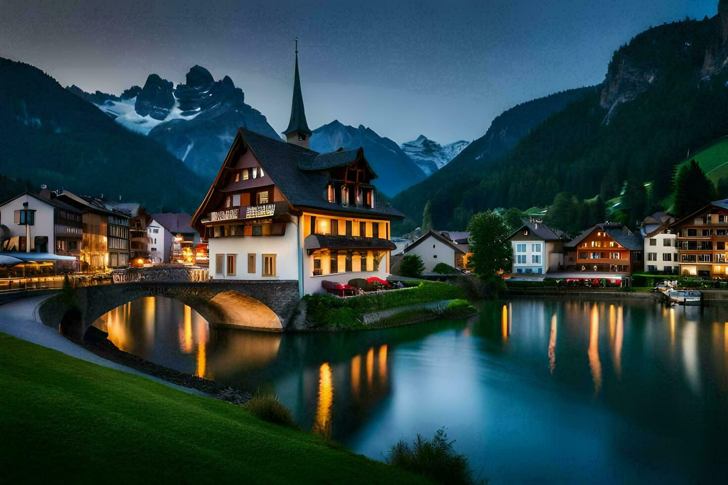 photo wallpaper the sky, mountains, lake, house, bridge, town, alpine, sw. AI-Generated