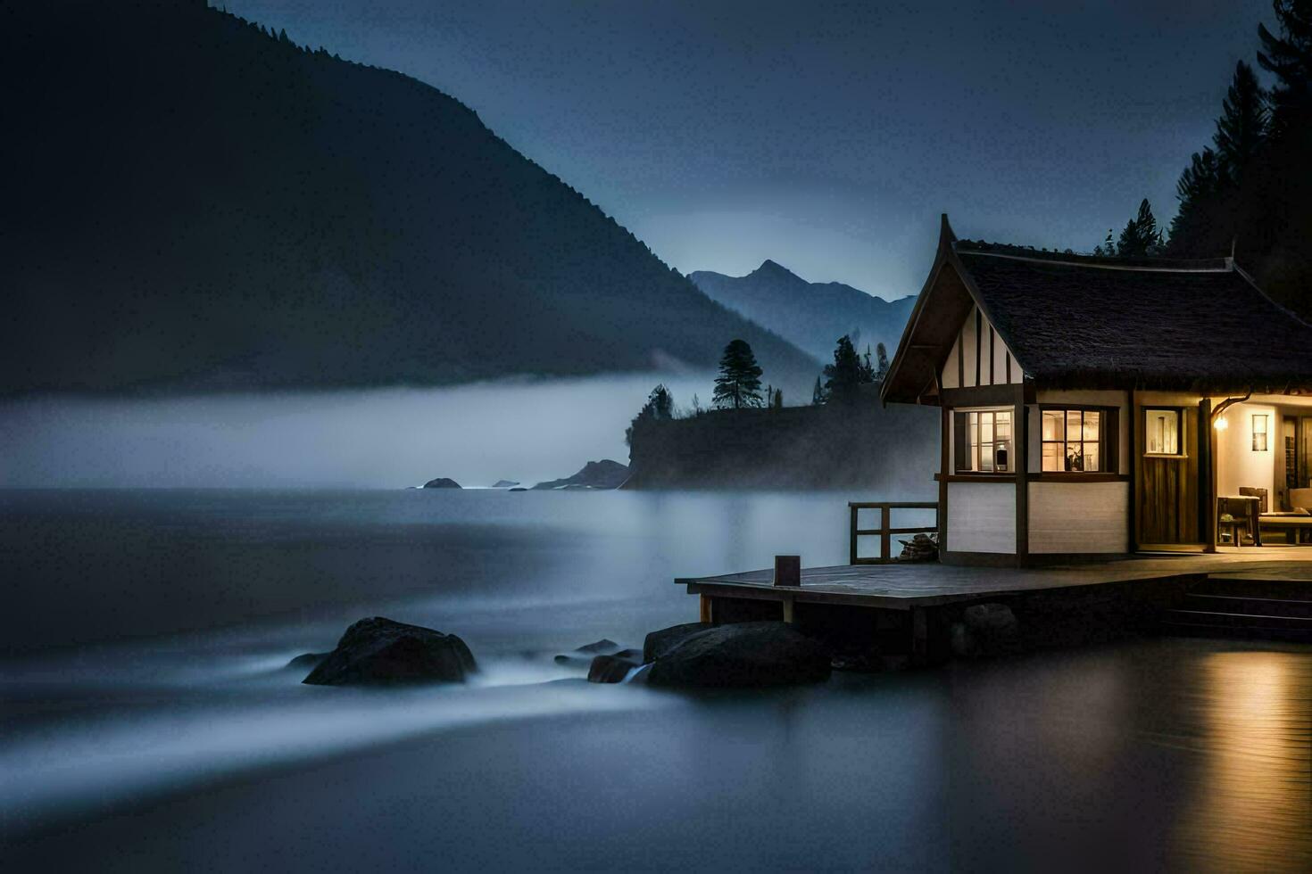 a small cabin sits on the shore of a lake at night. AI-Generated photo
