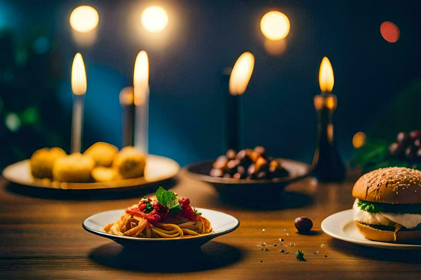 a table with plates of food and candles. AI-Generated photo