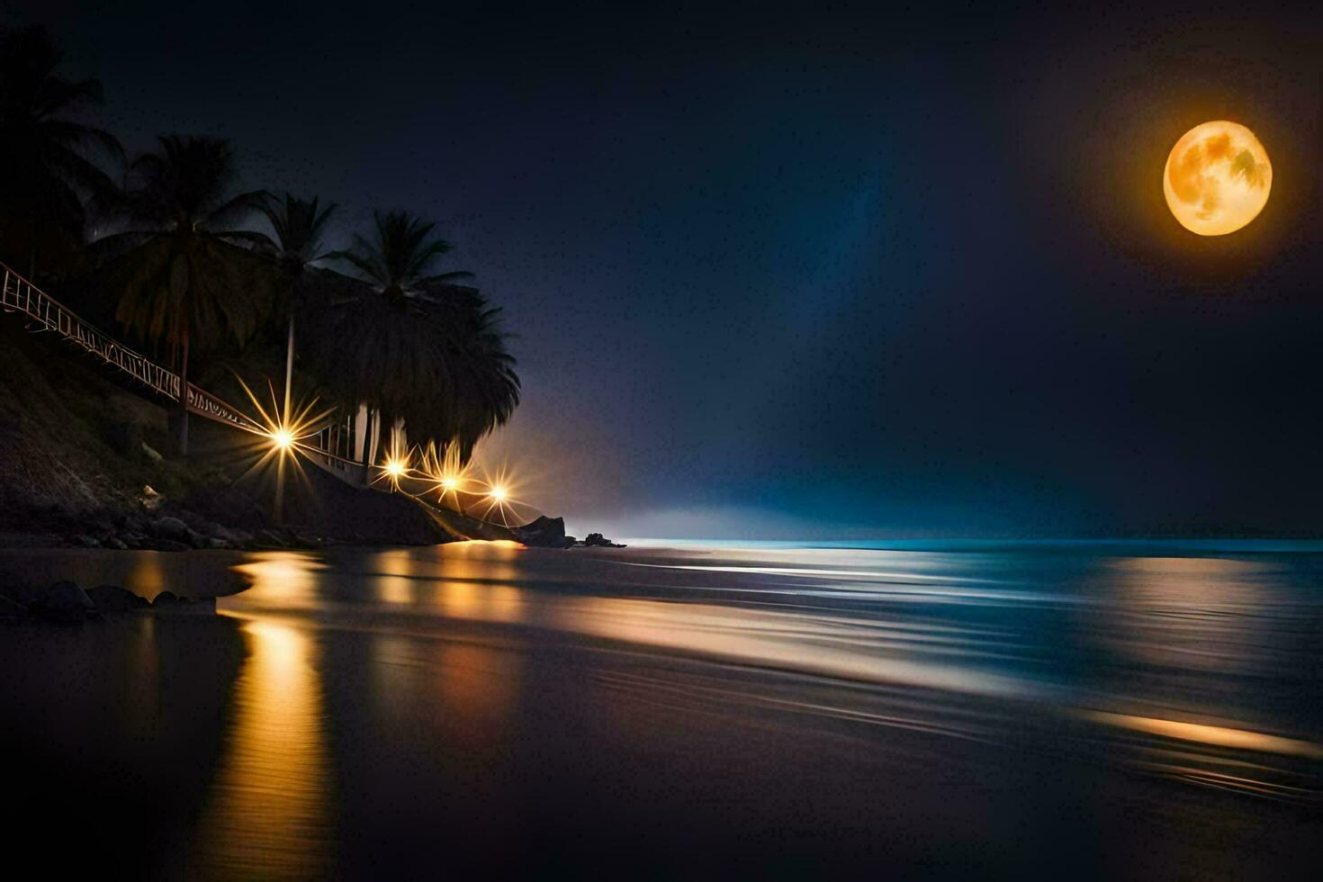 the moon is shining brightly over the ocean at night. AI-Generated photo