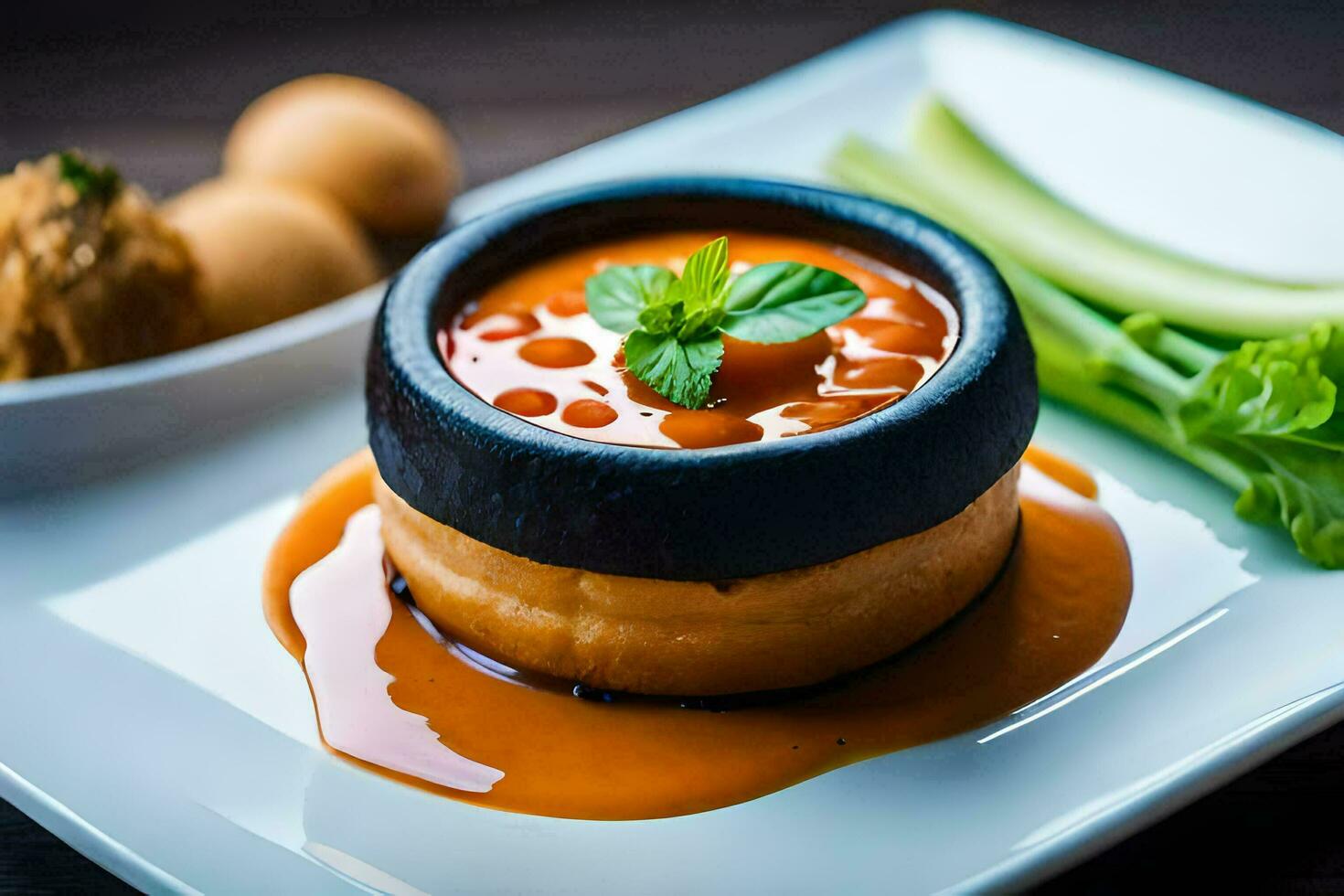 a white plate topped with a dish of food. AI-Generated photo