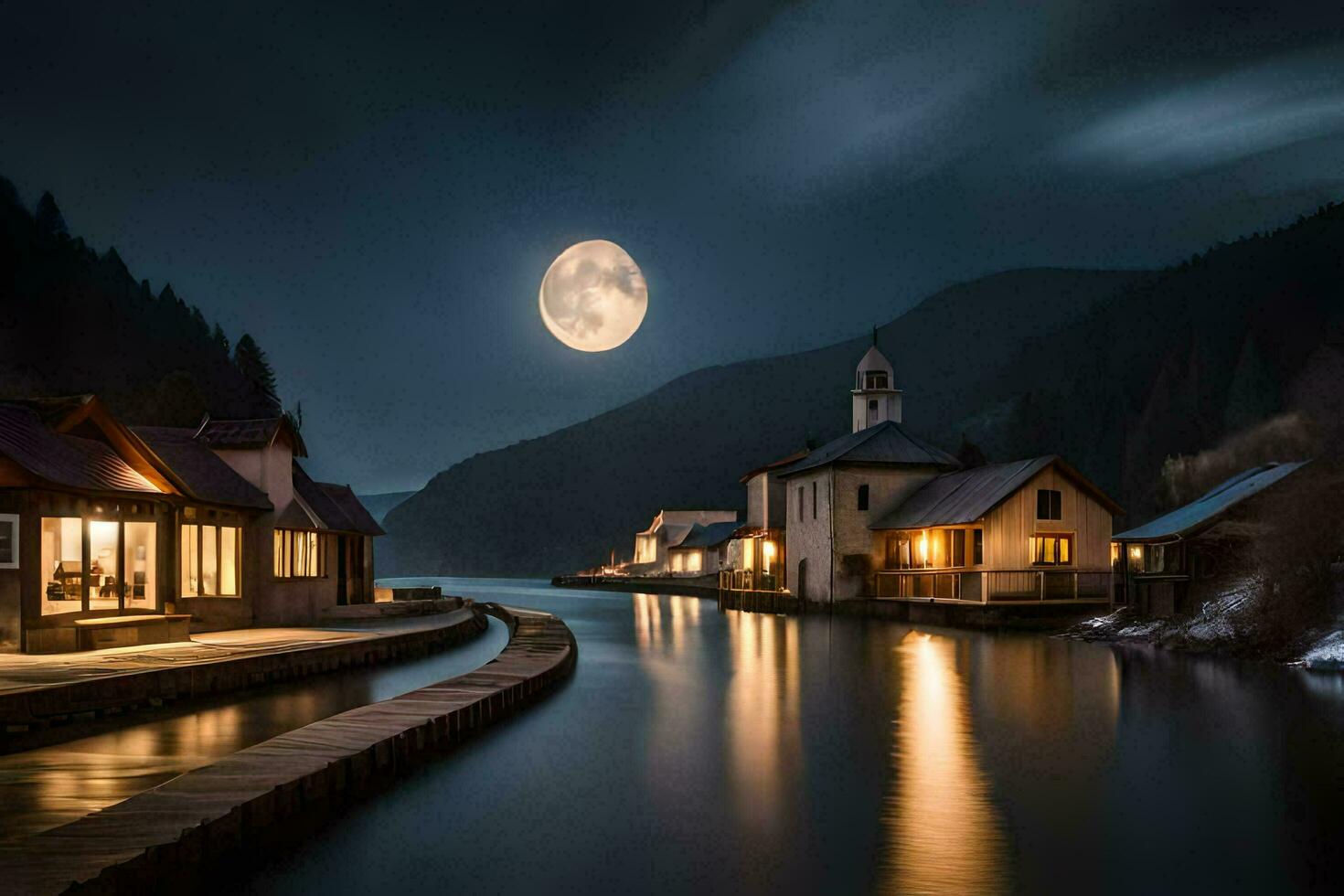 un lleno Luna brilla terminado un río y casas generado por ai foto