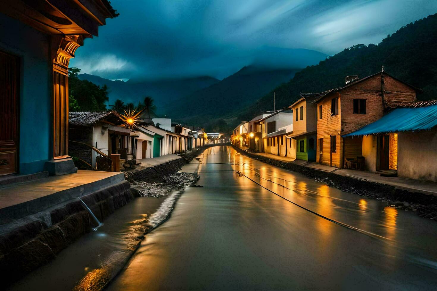 un largo exposición foto de un calle en un aldea. generado por ai