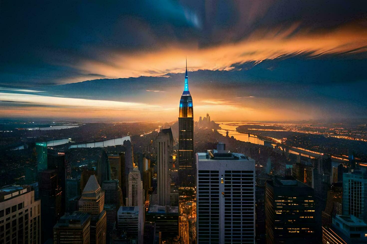 the empire state building is seen in the sunset. AI-Generated photo