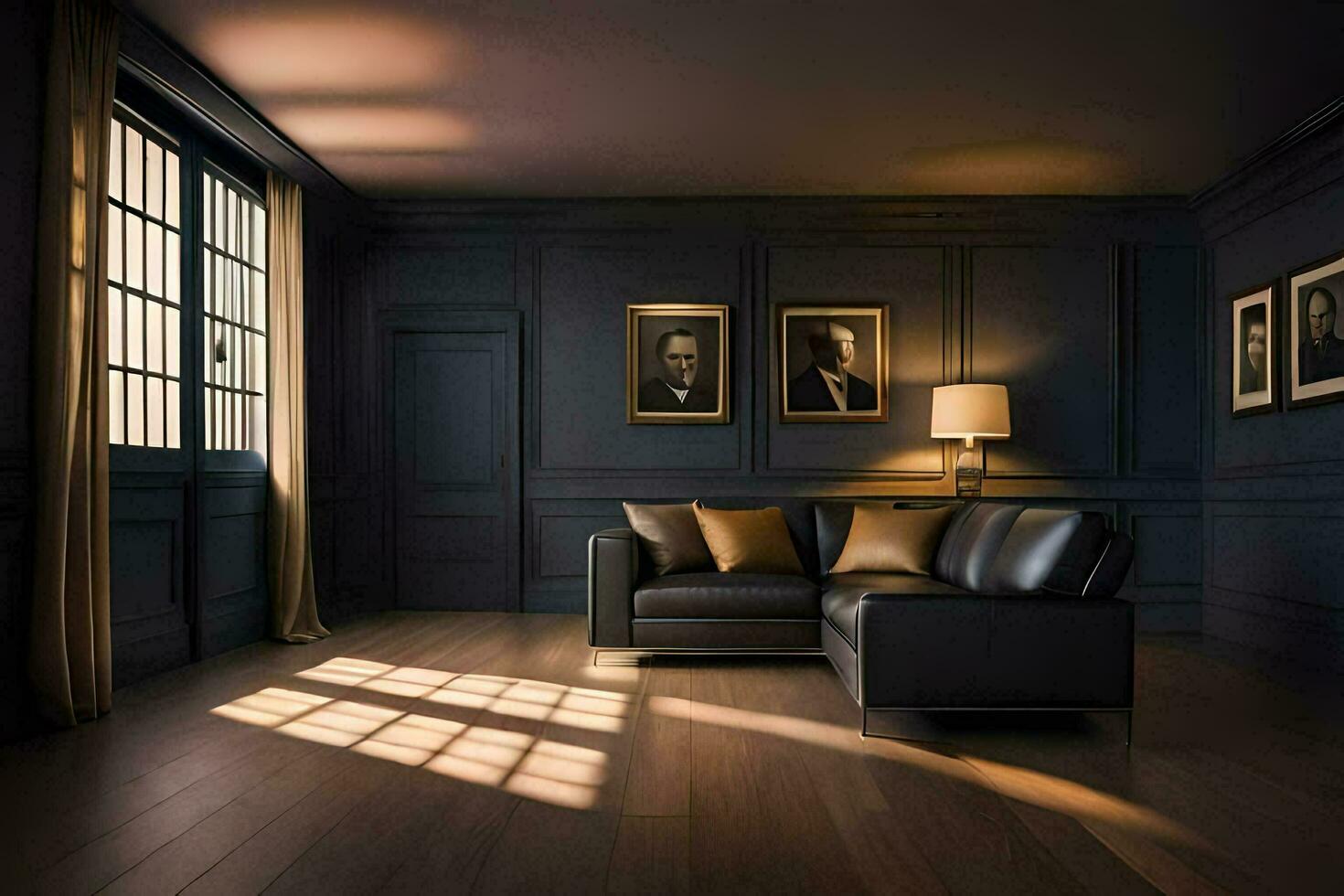 a dark room with a couch and a window. AI-Generated photo