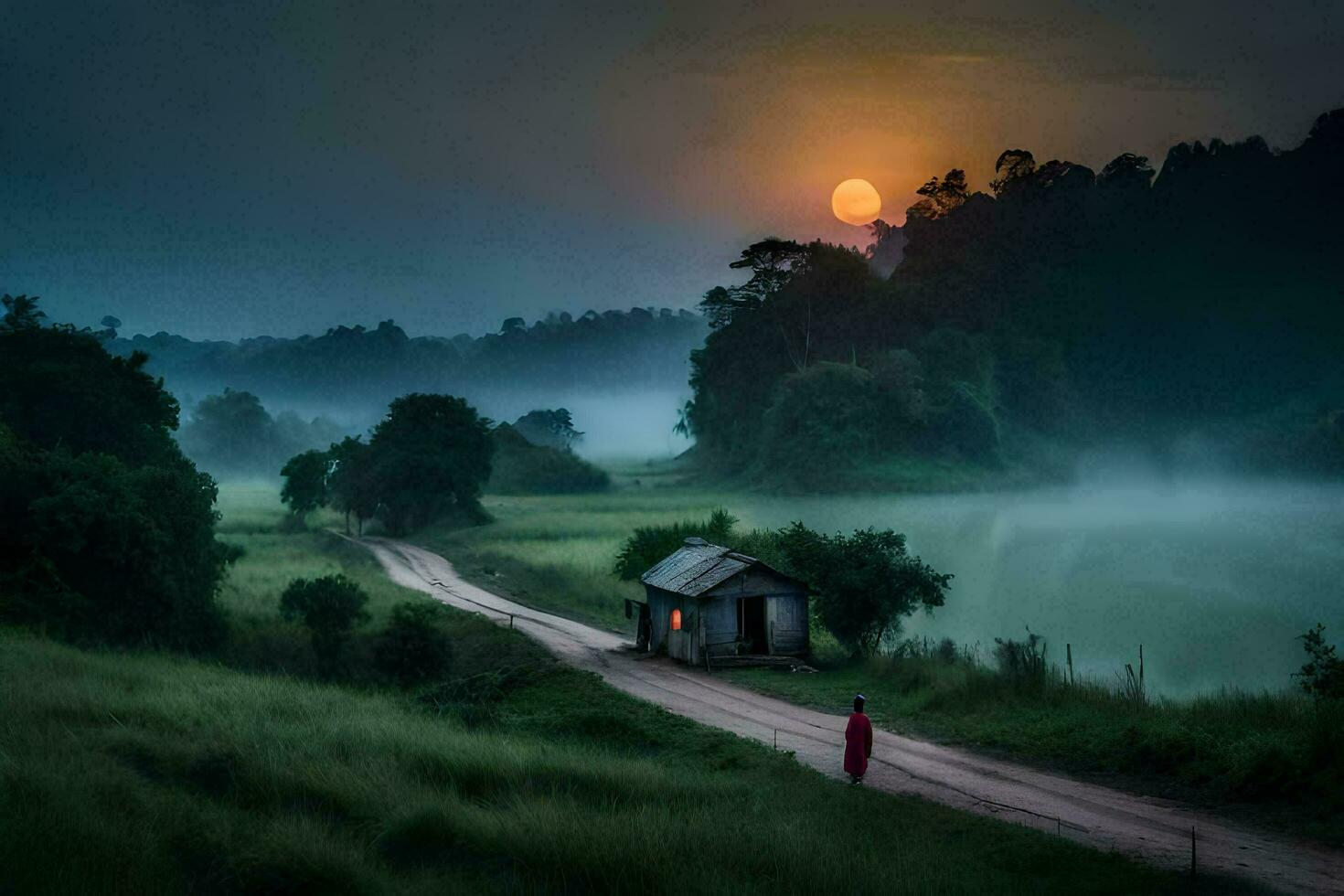 a woman walks down a dirt road in front of a house at sunrise. AI-Generated photo