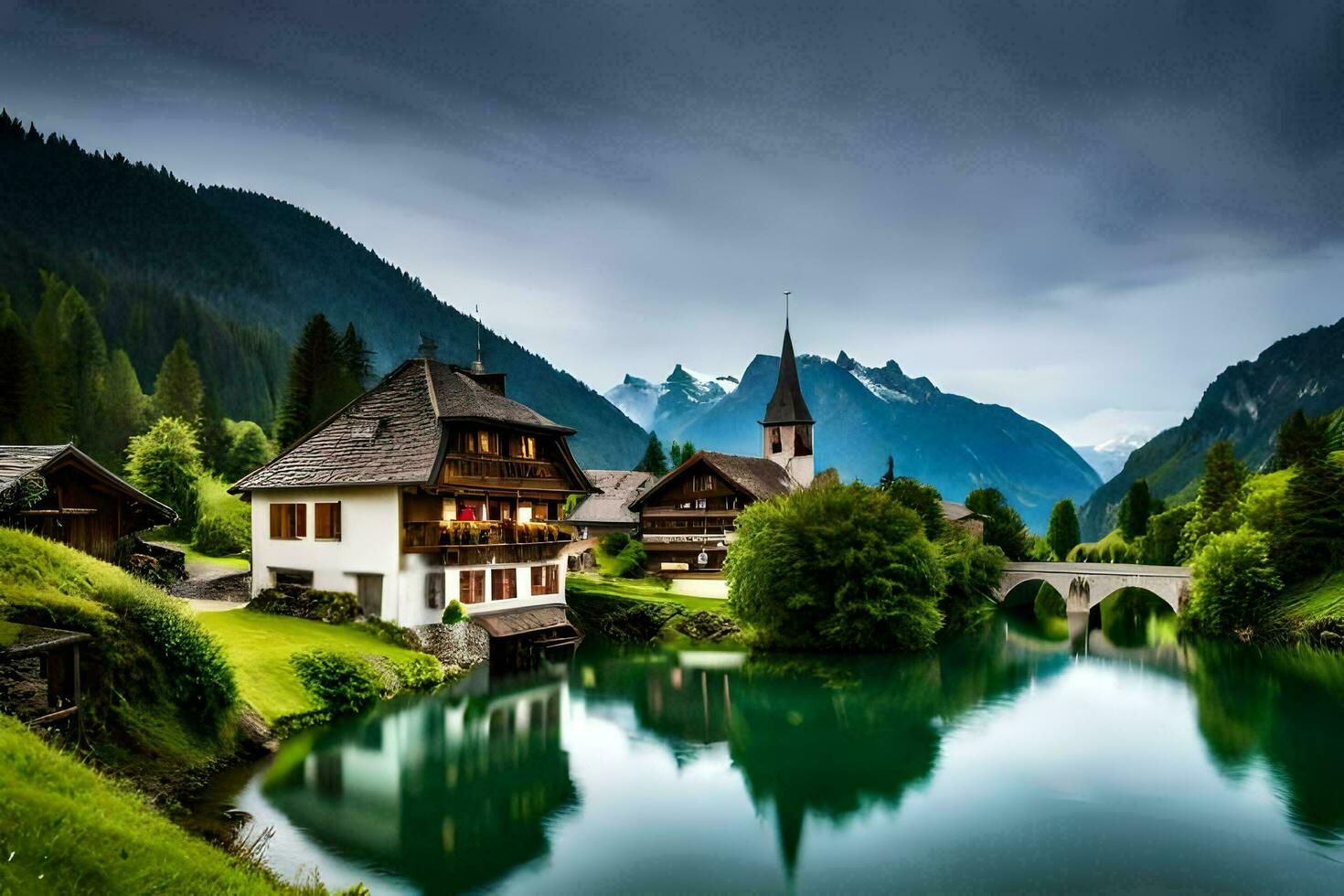 a small village sits on the edge of a lake. AI-Generated photo