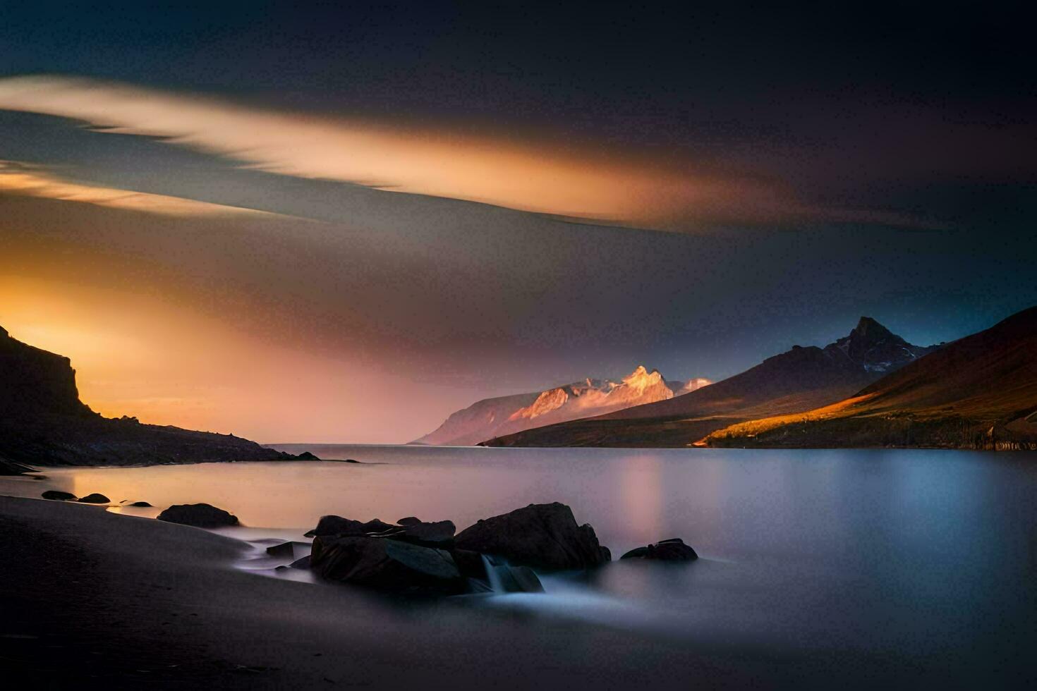 un puesta de sol terminado el montañas y agua. generado por ai foto