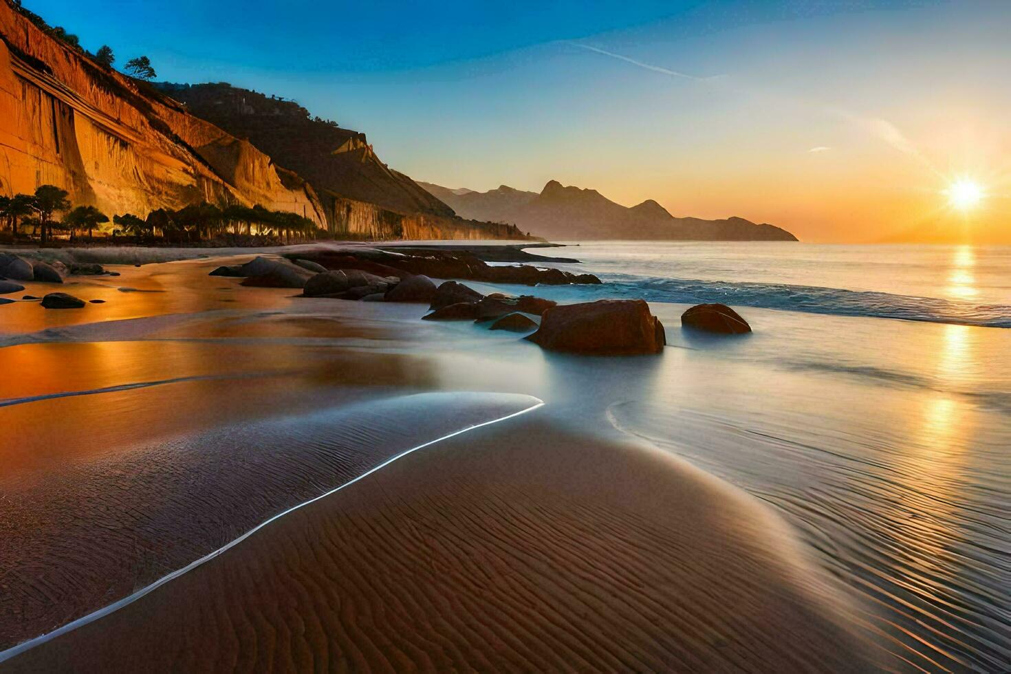 the sun sets over the ocean and rocks on the beach. AI-Generated photo