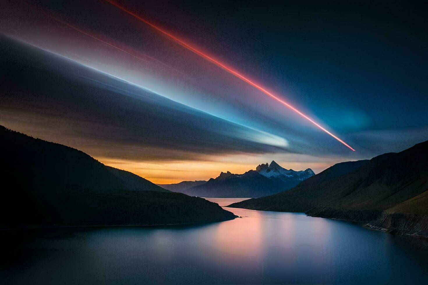 a long exposure photograph of a mountain range and lake. AI-Generated photo