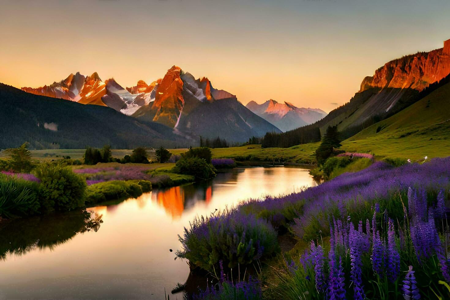 el montañas son reflejado en el agua. generado por ai foto