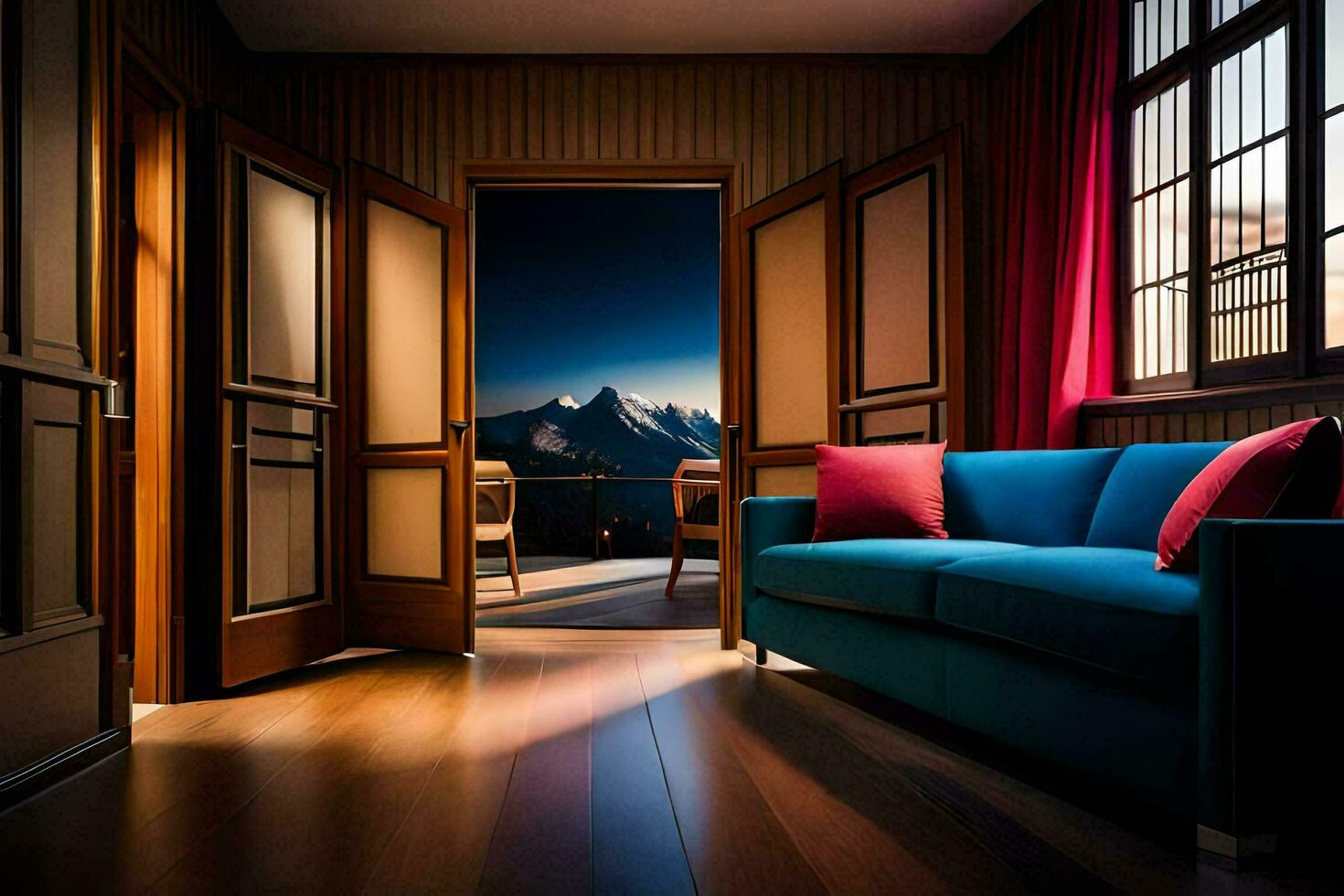 a blue couch in front of an open door with mountains in the background. AI-Generated photo