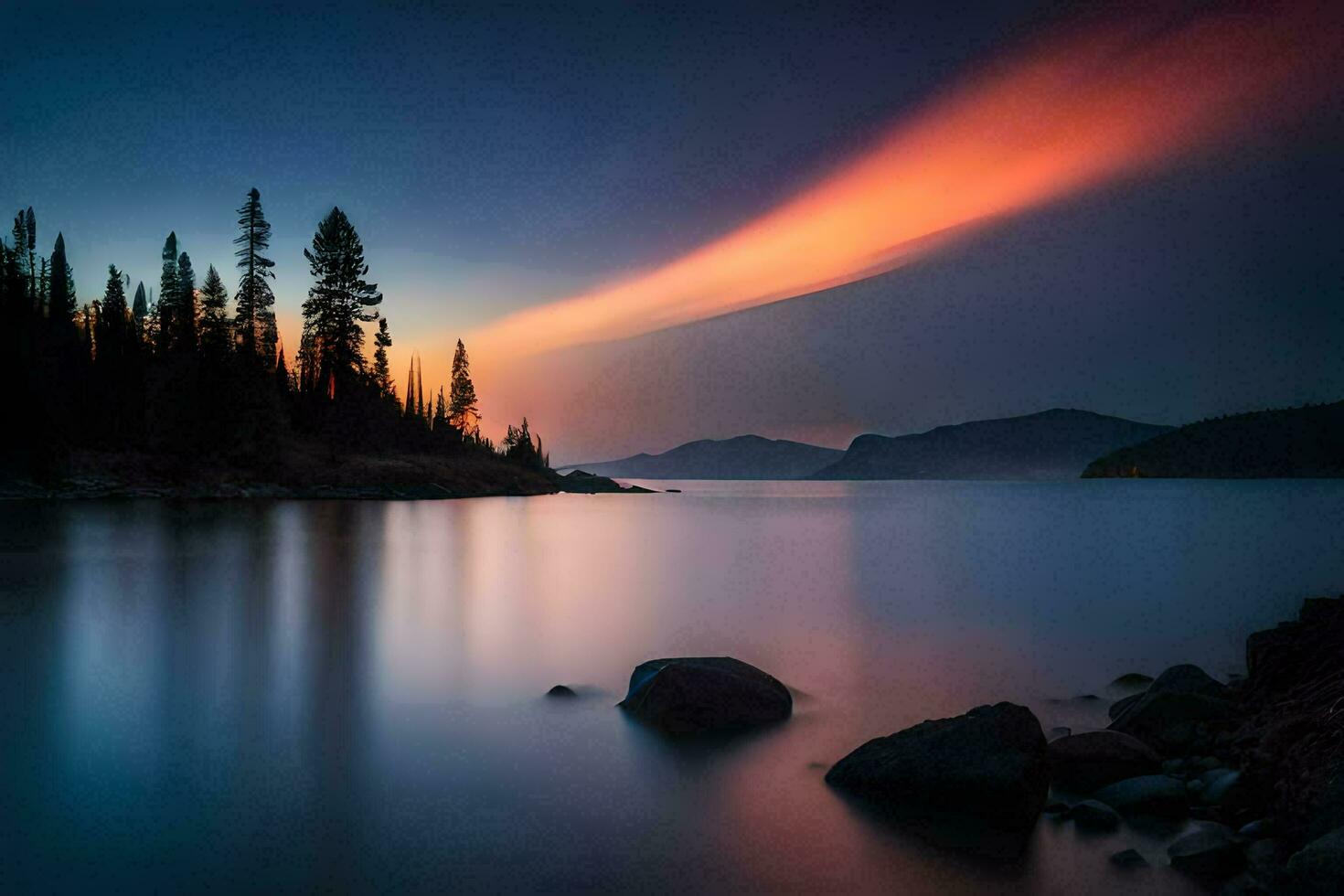 a sunset over a lake with trees and rocks. AI-Generated photo