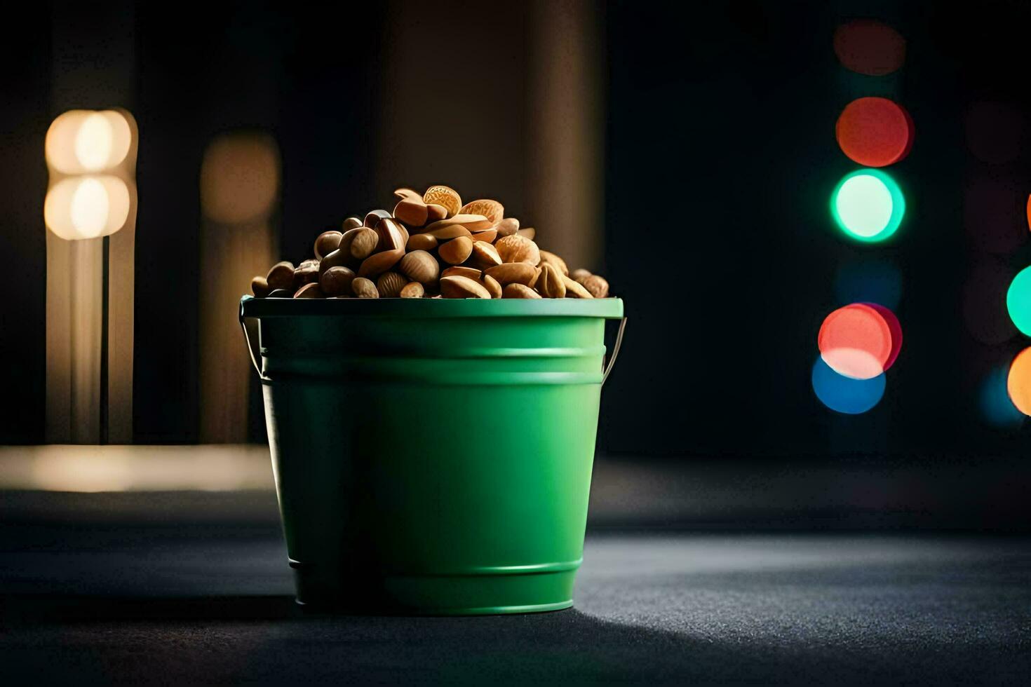 a green bucket filled with peanuts sitting on a table. AI-Generated photo