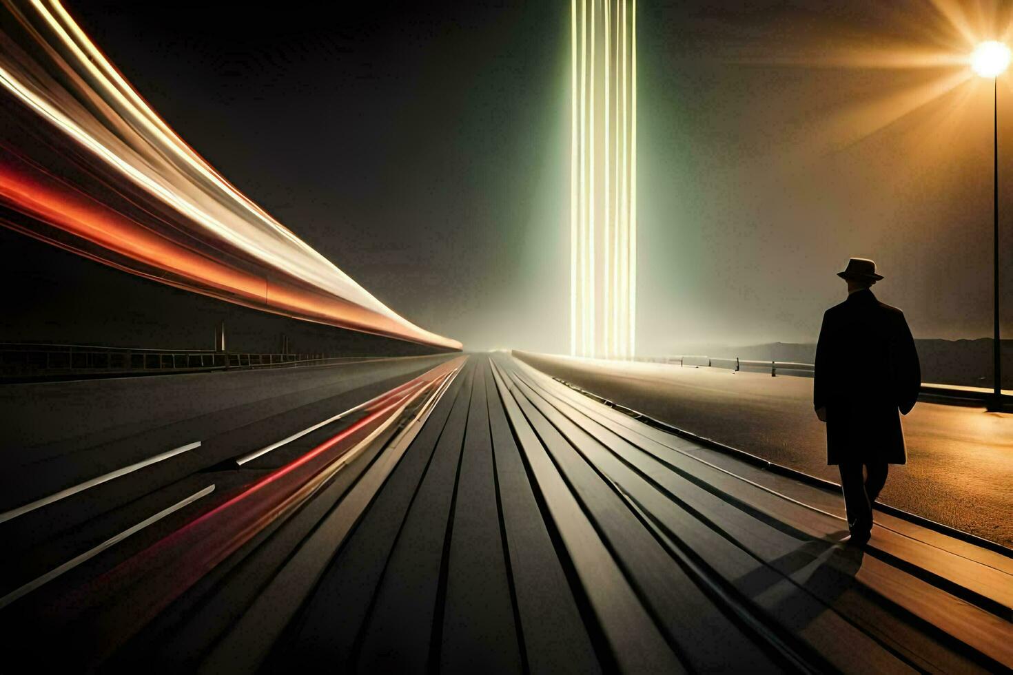 a man walking on a highway at night with light trails. AI-Generated photo