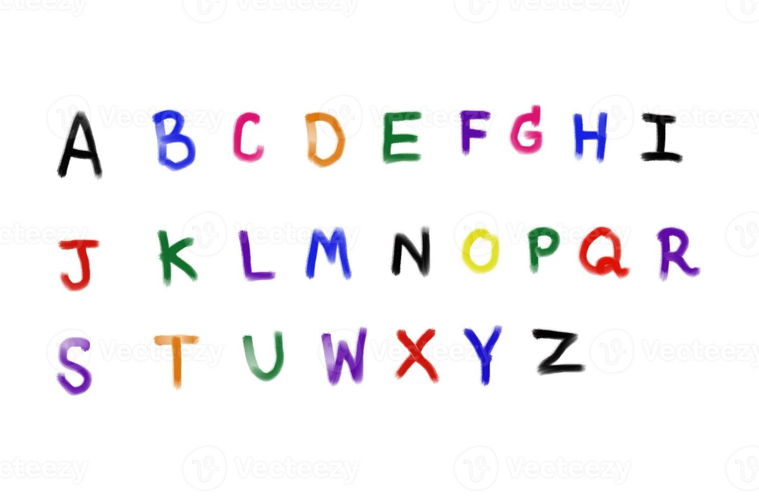 Colorful handwritten font in English capital letter, uppercase alphabet A-Z on white background. Concept, education. Teaching aids. Language learning. Start with abc... to build words or vocabulary. photo