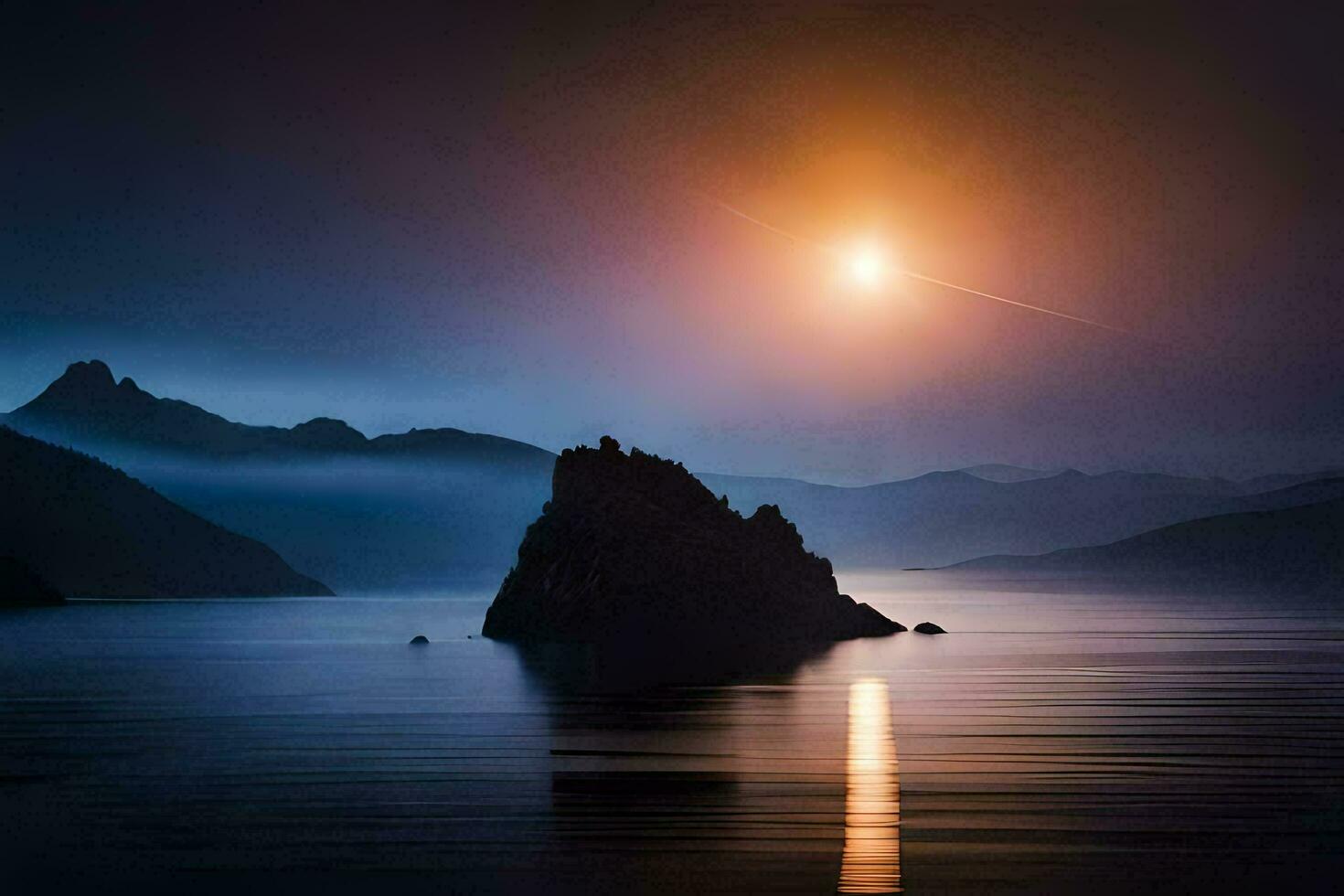the sun rises over a mountain in the distance. AI-Generated photo
