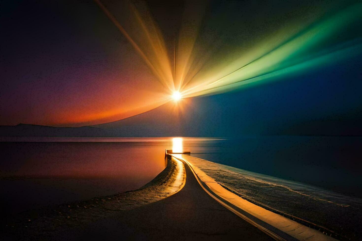 a rainbow light shines over the water at sunset. AI-Generated photo