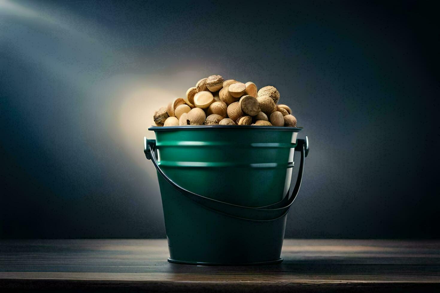 a bucket filled with peanuts on a table. AI-Generated photo