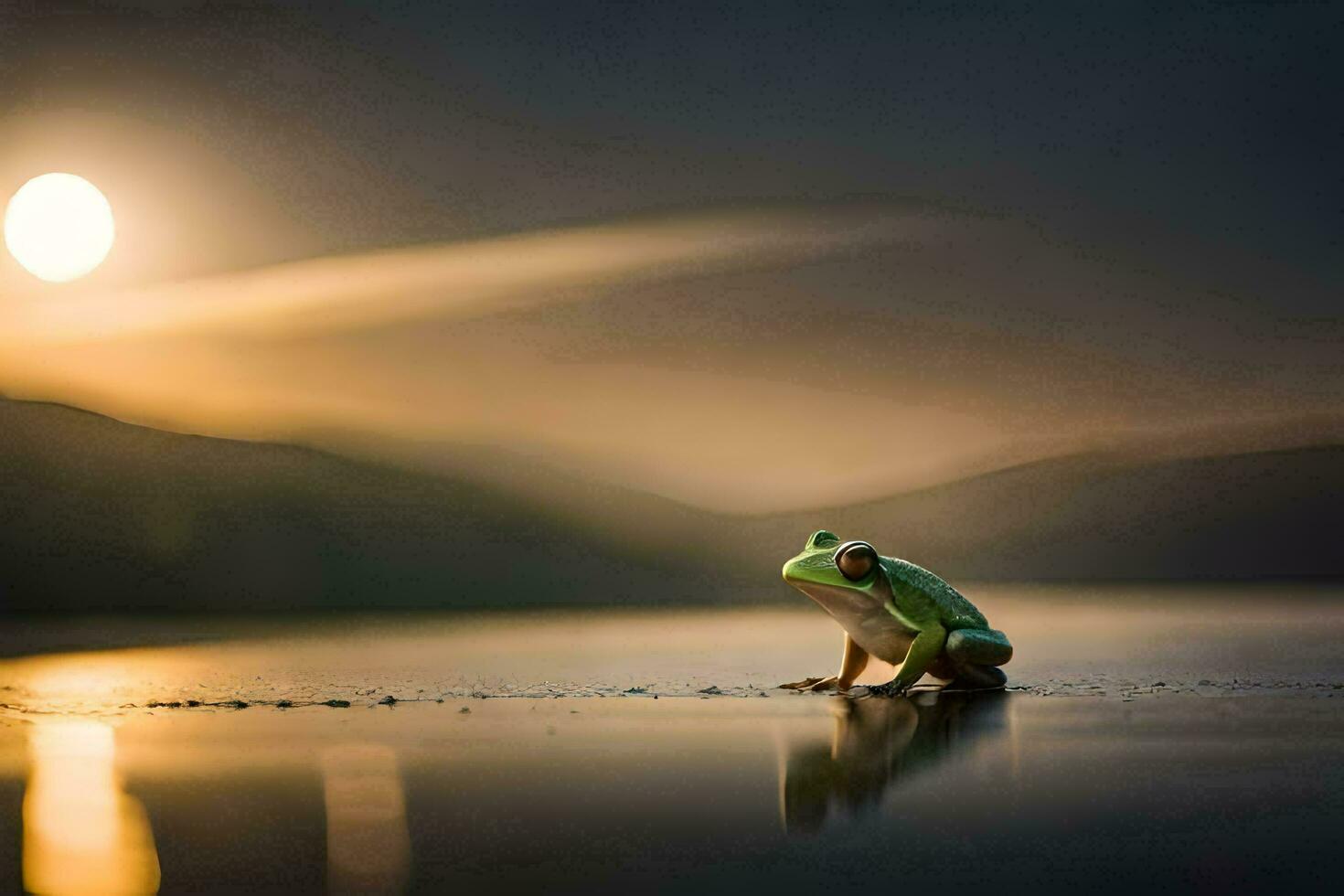 a frog sitting on the shore of a lake at sunset. AI-Generated photo