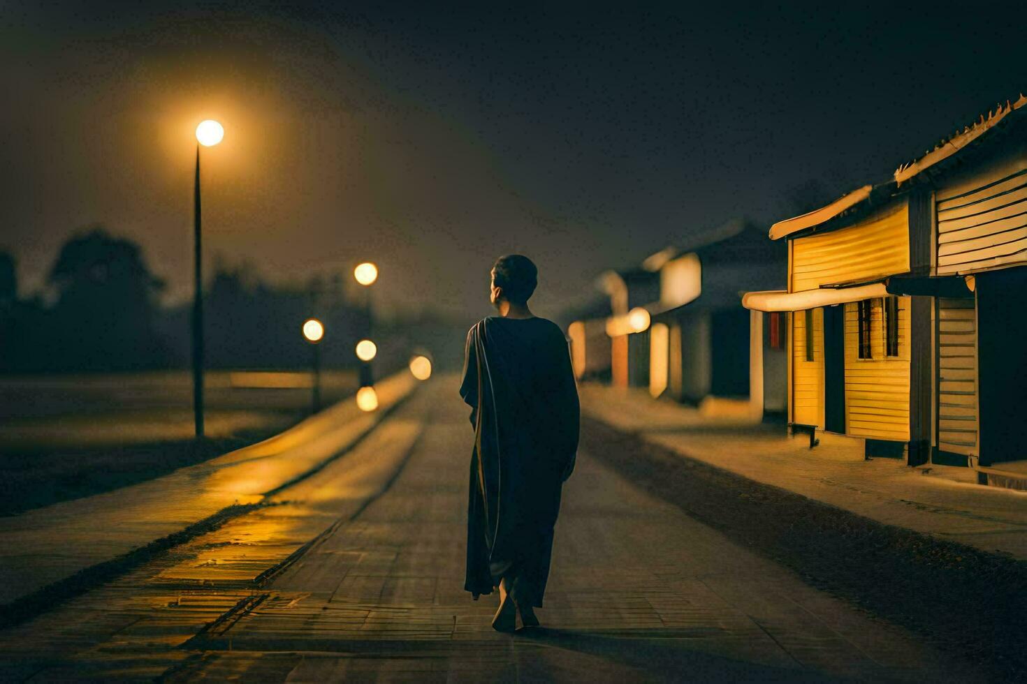 a man walks down a road at night with a light shining on him. AI-Generated photo