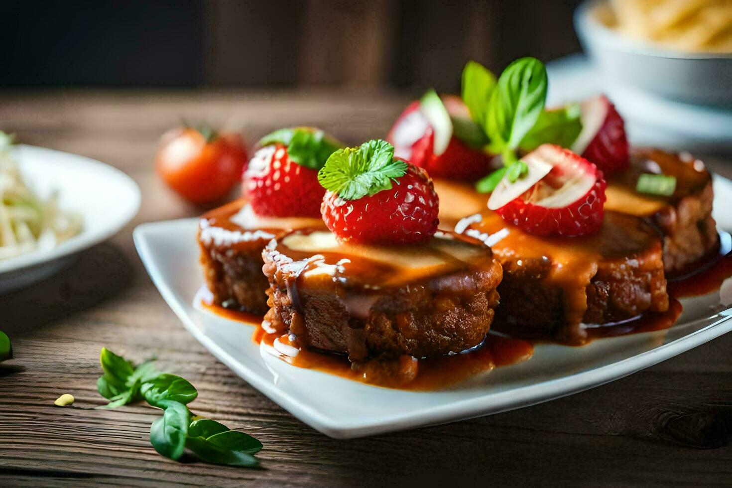 a plate of meat and vegetables with strawberries. AI-Generated photo