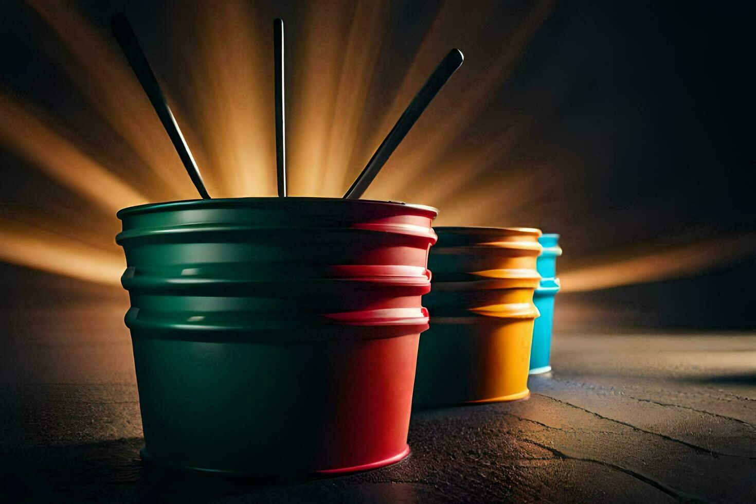 three colorful buckets with sticks in them. AI-Generated photo