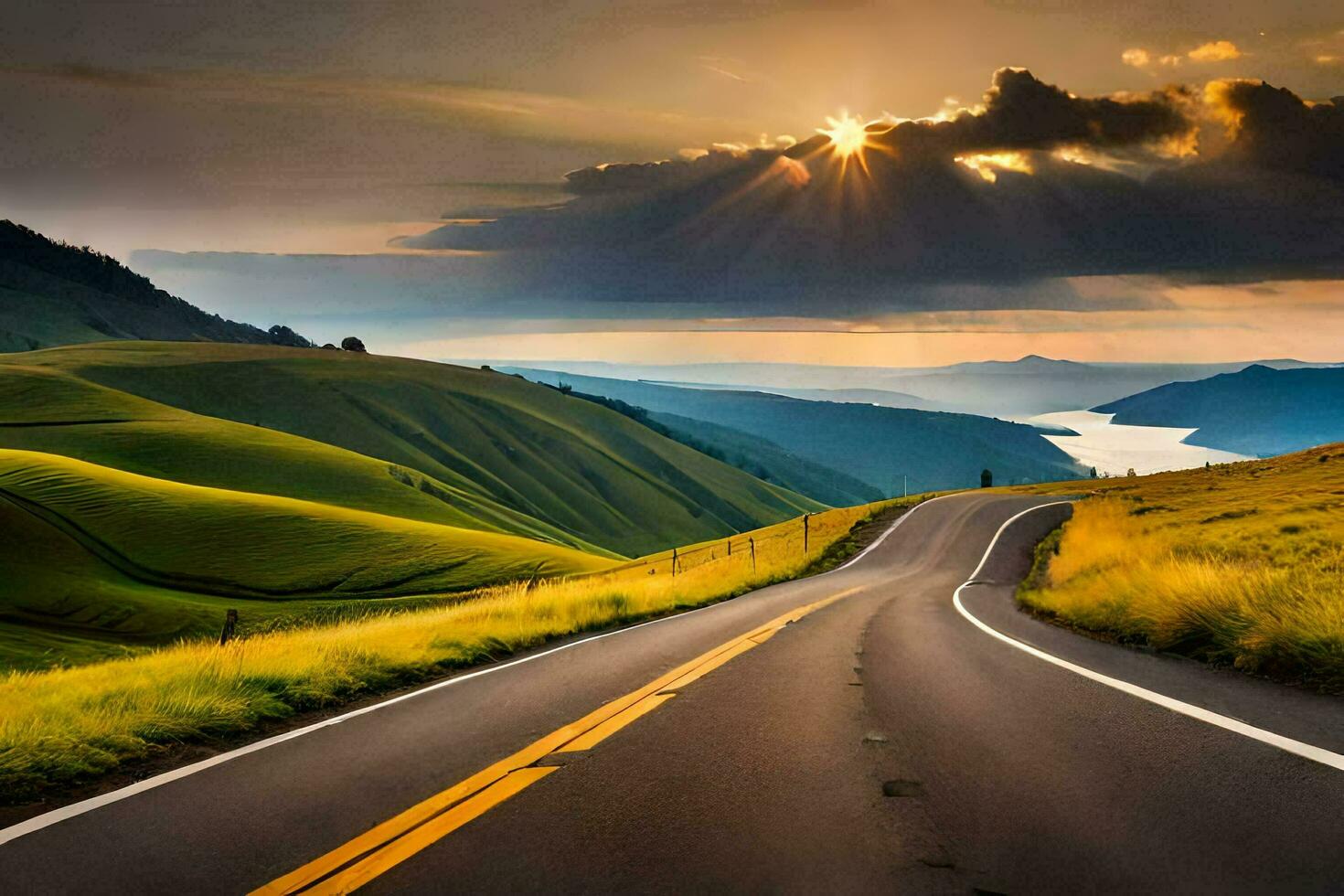 a road with the sun shining over the hills. AI-Generated photo