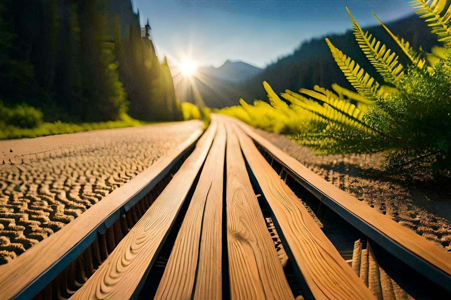 a railroad track in the middle of a forest. AI-Generated photo