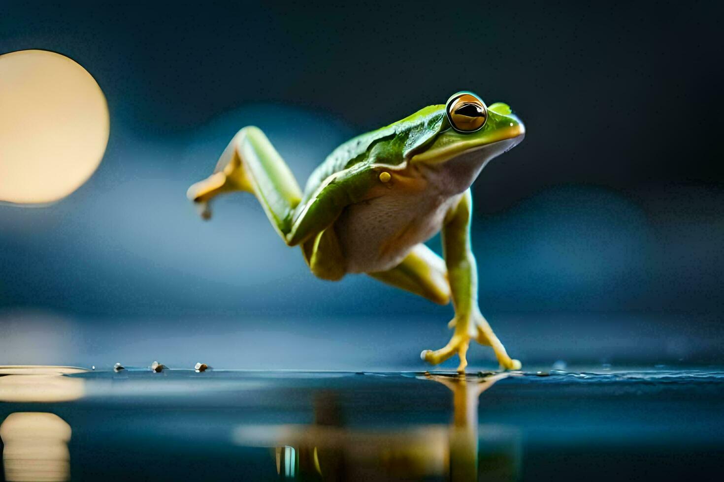 a frog jumping on the water with a moon in the background. AI-Generated photo