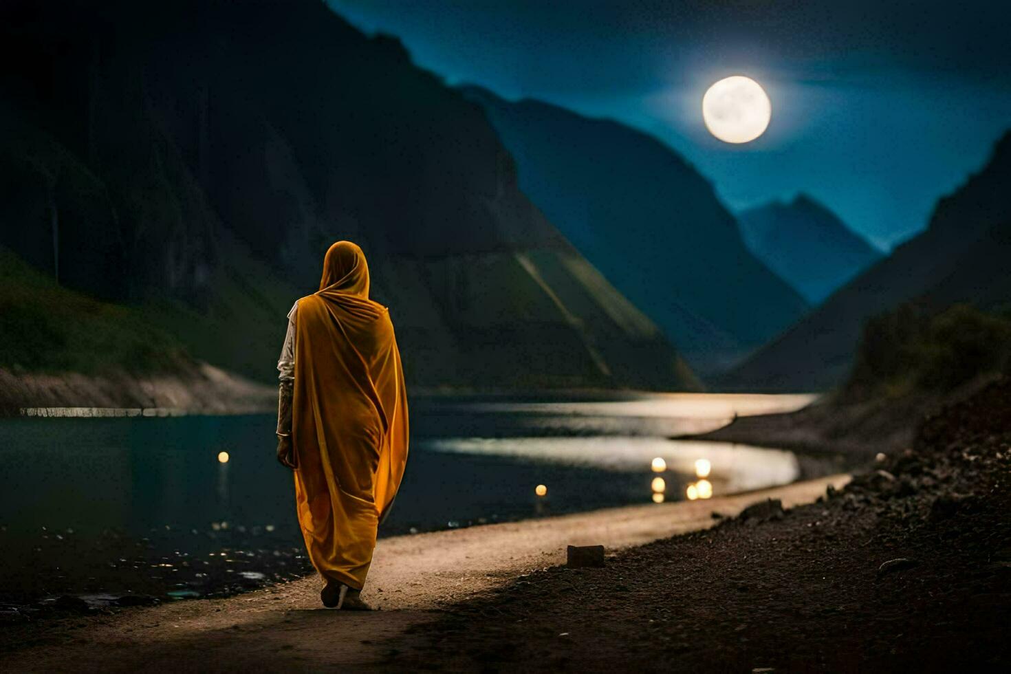 a woman in a yellow robe walks along a path near a lake. AI-Generated photo
