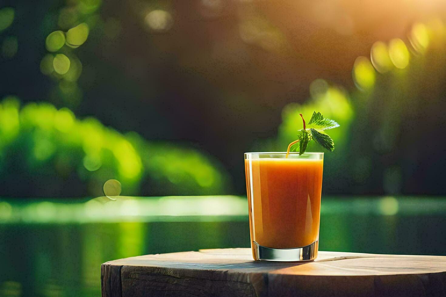 a glass of orange juice on a wooden table in front of a lake. AI-Generated photo